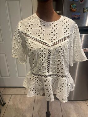 the room White Eyelet Peplum Blouse with Ladder Trim